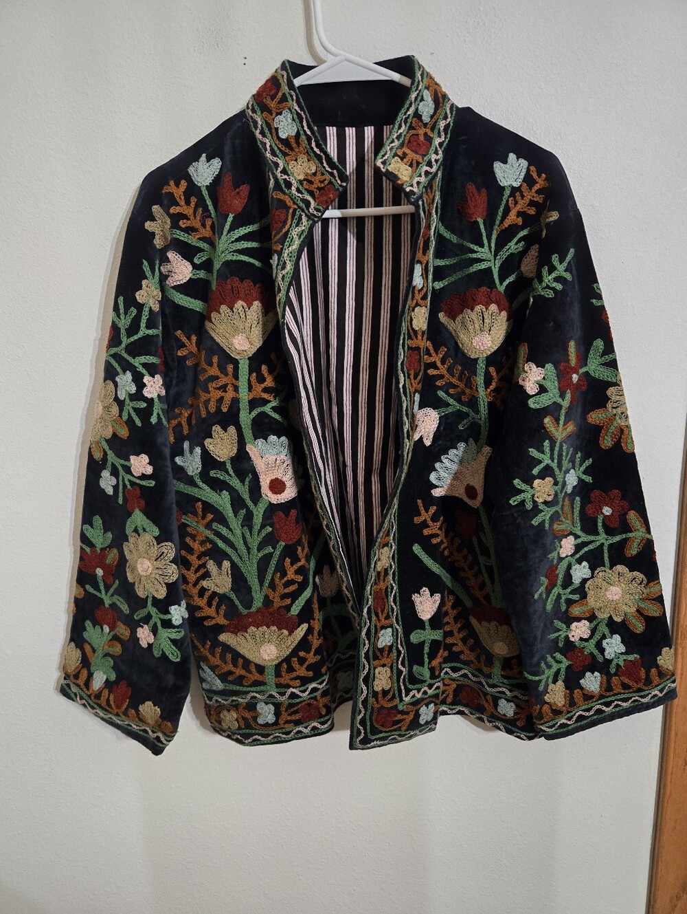 Embroidered Black Velvet Floral Utility Jacket